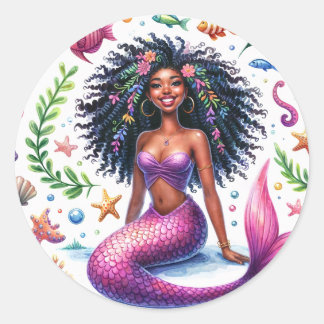 Sticker Rond Dark-Skinned Mermaid With Pink Tail