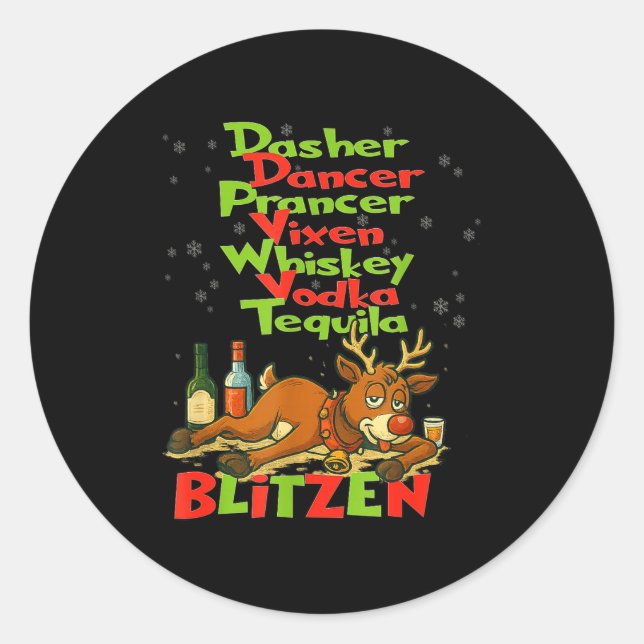 Sticker Rond Dasher Dancer Whiskey Vodka Tequila Blitzen Christ (Devant)