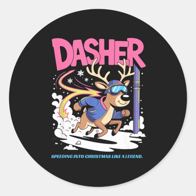 Sticker Rond Dasher Reindeer Christmas Speeding Fun  (Devant)