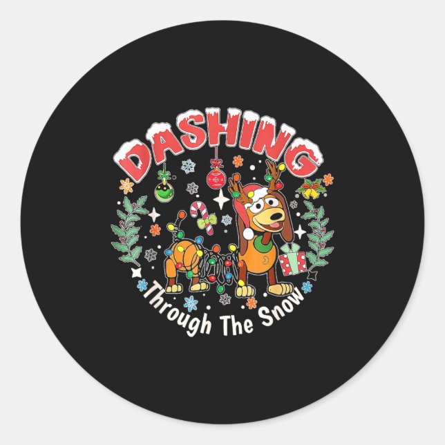 Sticker Rond Dashing Through The Snow Slink Dog Christmas  (Devant)