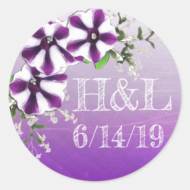 Sticker Rond Date de mariage et initiales Floral Violet Pétunia (Devant)