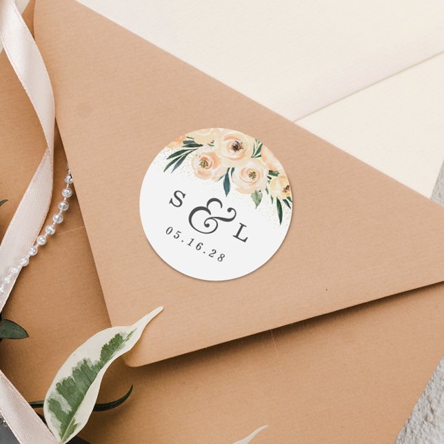 Sticker Rond Date de mariage floral et initiales du couple  (Créateur téléchargé)