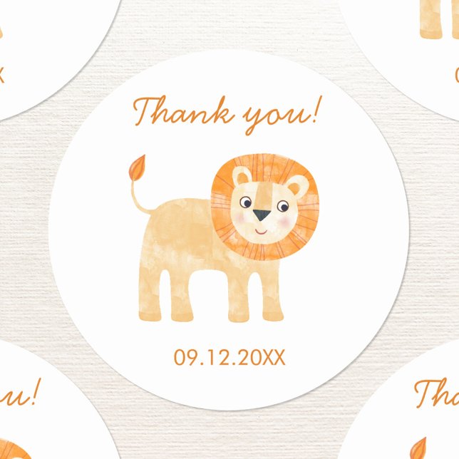 Sticker Rond Date de Merci du lion migre (Cute watercolor lion thank you sticker with custom text and date)