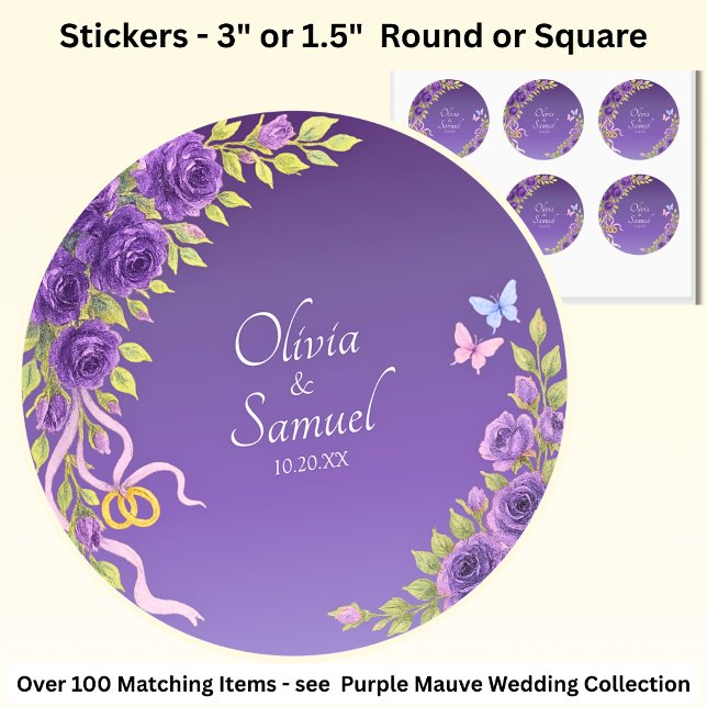 Sticker Rond Date + Mariée, Noms de chambre Fleurs mauves viole (Créateur téléchargé)