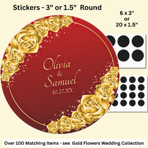 Sticker Rond Date + Noms des Mariés, Fleurs Dorées Rouge Marron