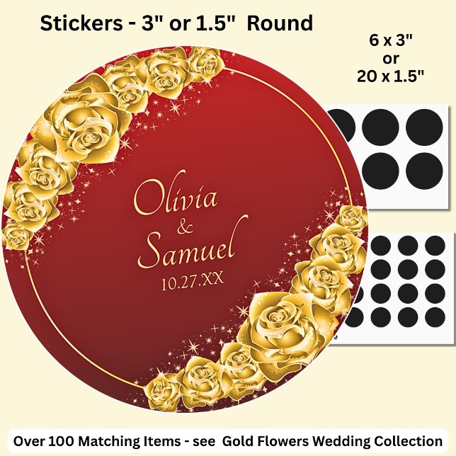 Sticker Rond Date + Noms des Mariés, Fleurs Dorées Rouge Marron (Créateur téléchargé)