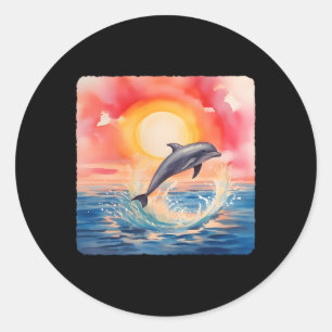 Sticker Rond Dauphin Avec Un Dauphin De Lever Du Soleil À Lever