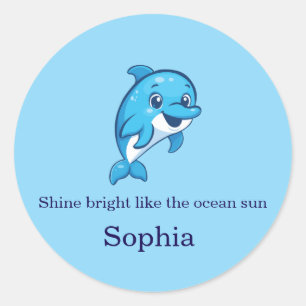 Sticker Rond Dauphin bleu de dessin animé mignon et heureux Cré