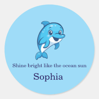 Sticker Rond Dauphin bleu de dessin animé mignon et heureux Cré
