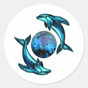 Sticker Rond Dauphins de lune bleue