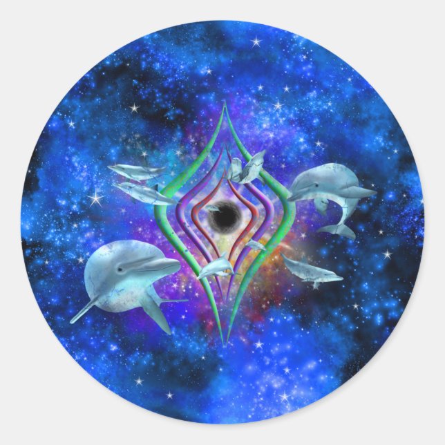 Sticker Rond Dauphins spatiaux Galaxie bleue Nebula (Devant)