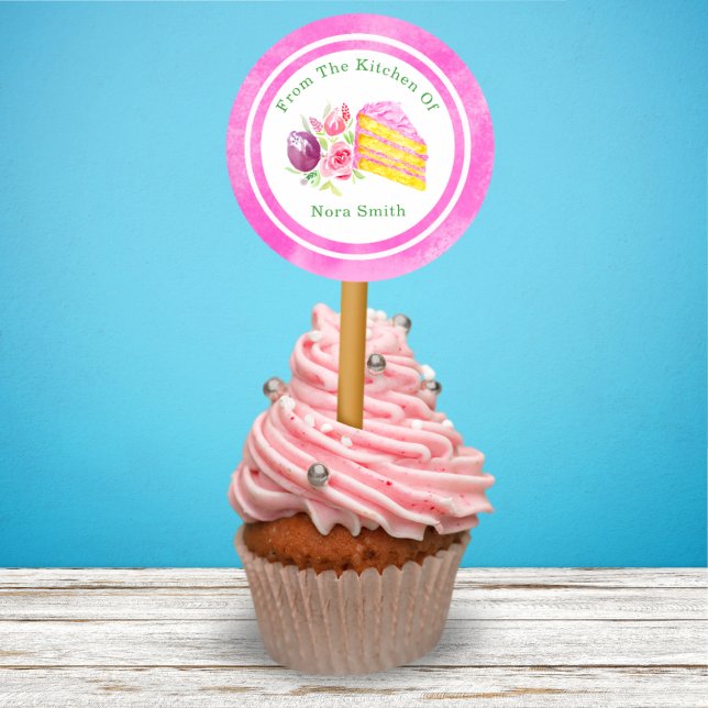 Sticker Rond De la cuisine de gâteau à l'aquarelle avec des fle (Créateur téléchargé)