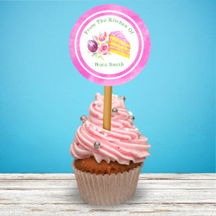 Sticker Rond De La Cuisine De Gâteau D'Aquarelle Avec Fleurs