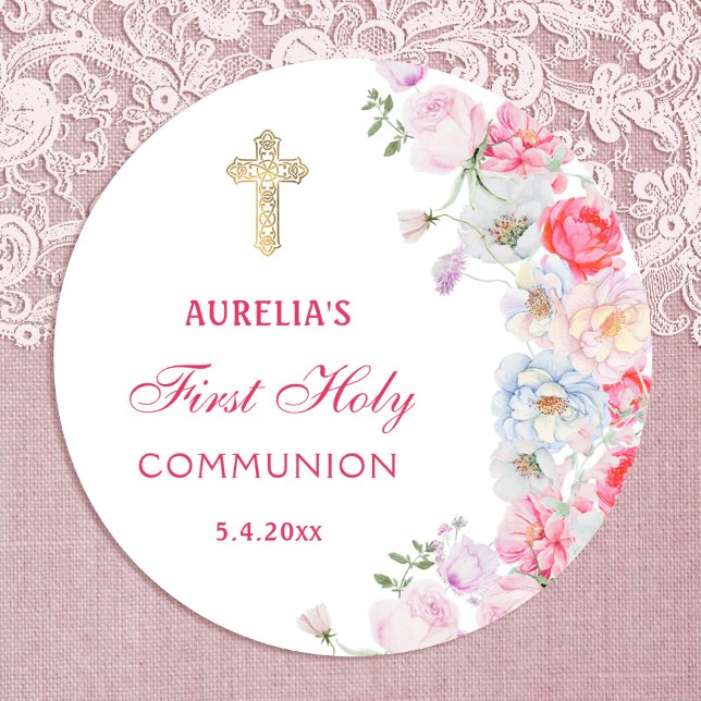 Sticker rond de première communion aux fleurs d'aq (Créateur téléchargé)