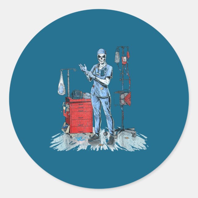 Sticker Rond Deadside Nurse Blue Scrubs Funny Skeleton Doctor M (Devant)