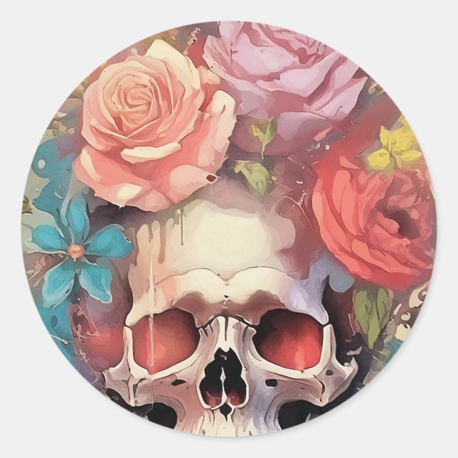 Sticker Rond Death by Pastels, Roses and Peeking Gothic Skull  (Devant)