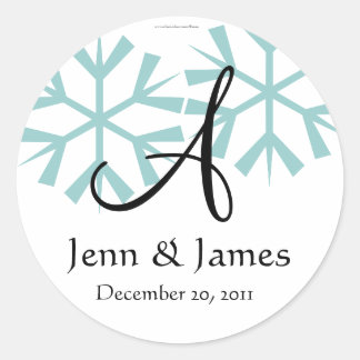 Sticker Rond Décembre Blue Snowflakes Monogramme A Sceau
