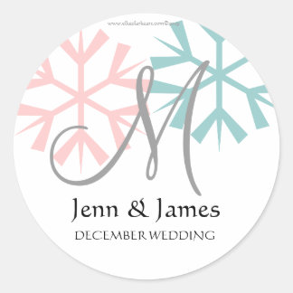 Sticker Rond Décembre Pink Blue Snowflake Monogramme M Sceau