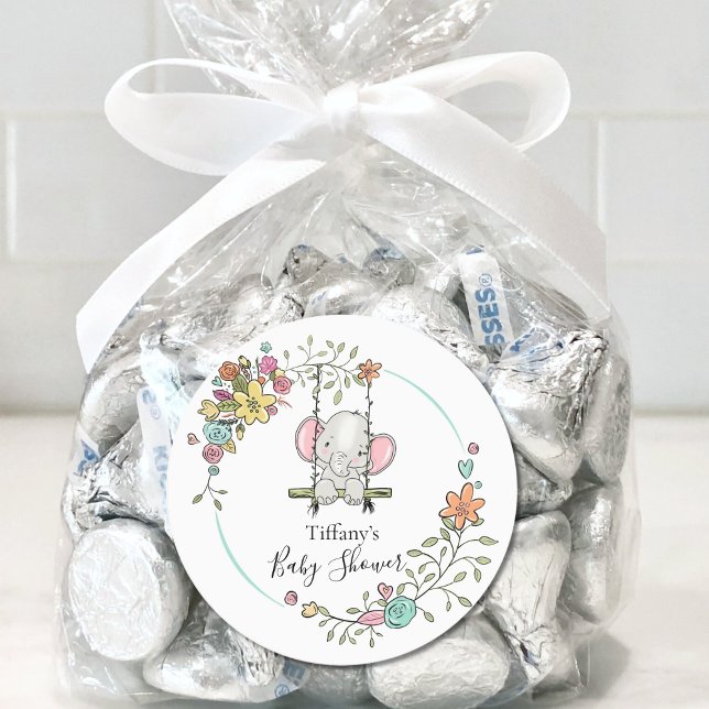 Sticker Rond Décor de la soirée Baby shower Eléphant avec fleur (Créateur téléchargé)