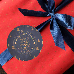 Sticker Rond Décor d'or rose sur bleu marine Joyeux Noël