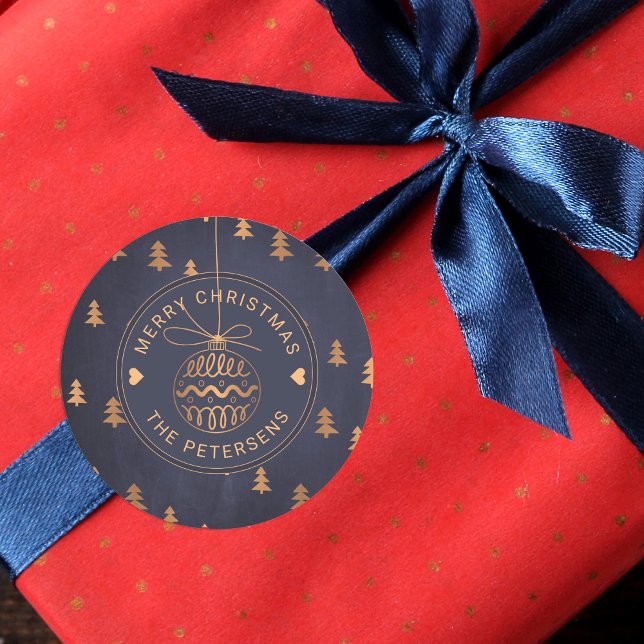 Sticker Rond Décor d'or rose sur bleu marine Joyeux Noël (Créateur téléchargé)