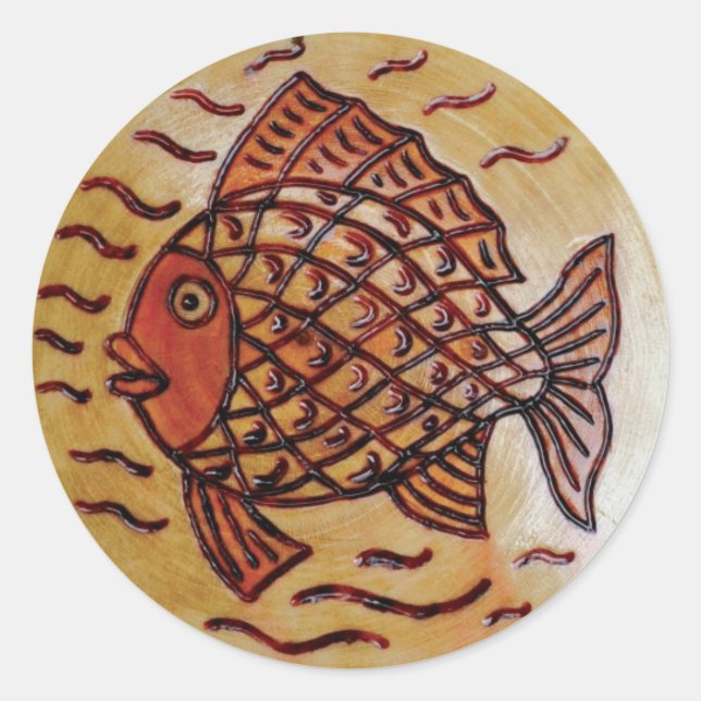 Sticker Rond Décor en bois avec poissons. (Devant)