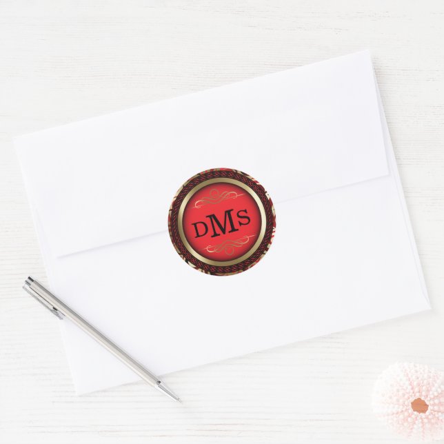 Sticker Rond Décor rouge et or avec Monogramme (Enveloppe)