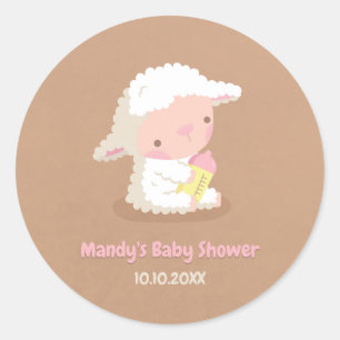 Sticker Rond Décoration de Baby Shower Agneau Mignon et Biberon