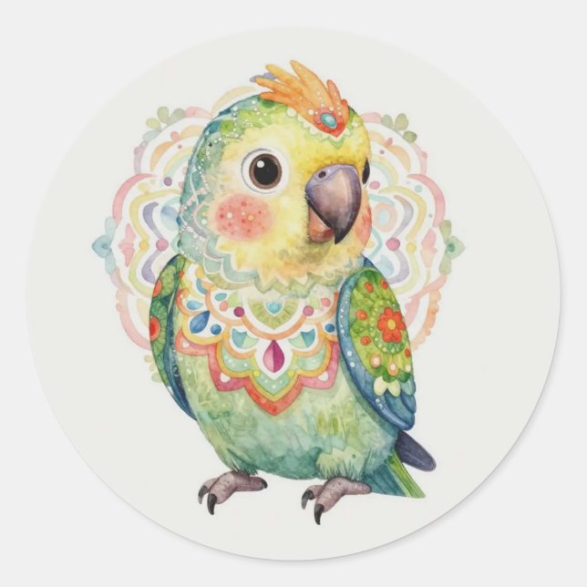 Sticker Rond Decorative Folk‑Art Parrot Illustration  (Devant)
