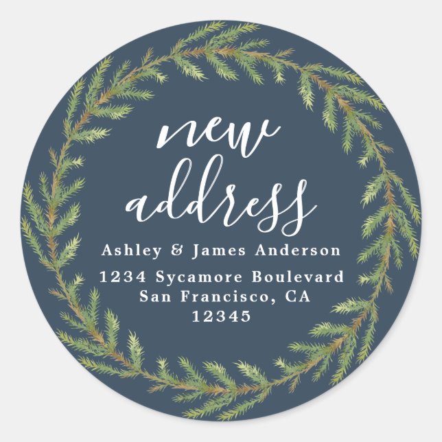 Sticker Rond Deep Teal Christmas Greenery New Address (Devant)