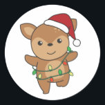 Sticker Rond Deer Christma<br><div class="desc">The deer at Christmas with fairy lights. Funny animals with toxits and snow for the holidays. A sweet Christmas greeting. Le Deer are cute animals et parfait pour Christmas.</div>