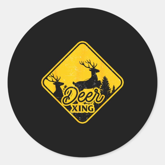 Sticker Rond Deer Crossing Sign Christmas Xing Reindeer Funny M (Devant)
