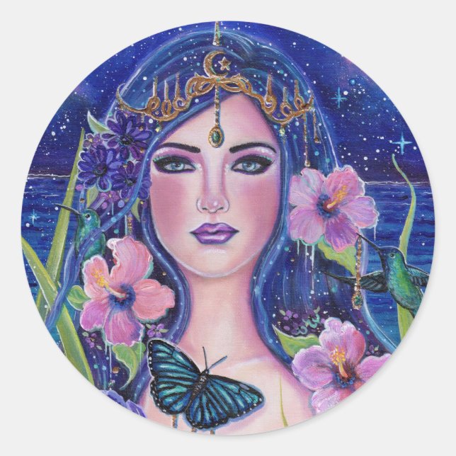 Sticker Rond Déesse de Gaia avec colibris par Renee Lavoie (Devant)
