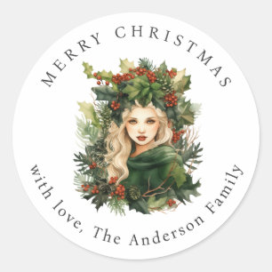 Sticker Rond Déesse de la forêt Holly Baies rouges Noël Fêtes