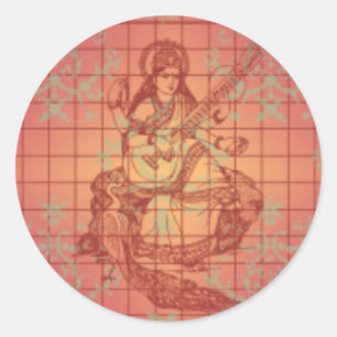 Sticker Rond déesse hindoue rouge Saraswati Sagesse Inde