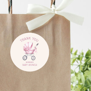 Sticker Rond Défilante Bébé Vintage Rose Fête de Naissance