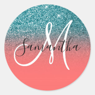 Sticker Rond Dégradé de monogramme pailleté de corail et de sar