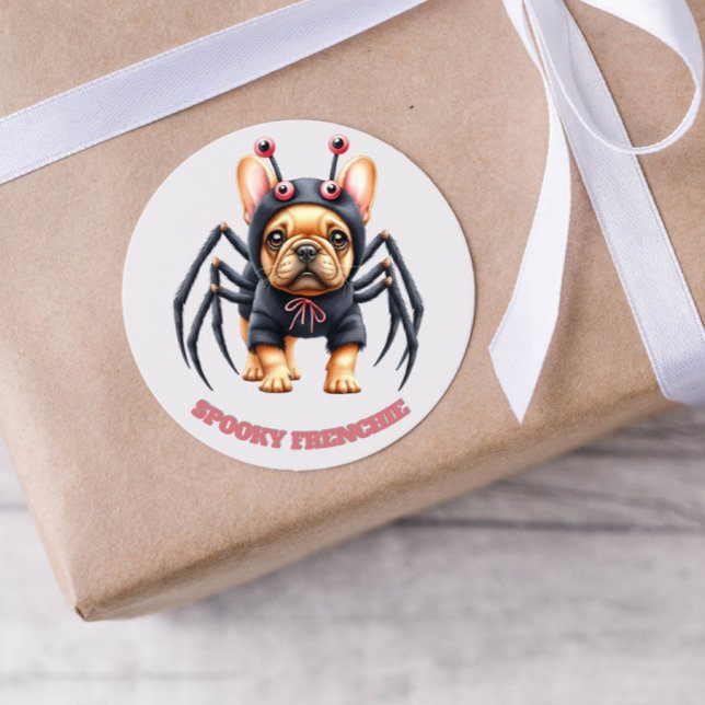 Sticker Rond Déguisement d'araignée Frenchie chiot Halloween  (Créateur téléchargé)