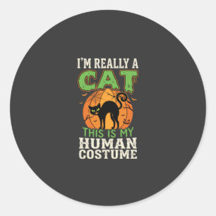 Sticker Rond Déguisement Humain Chat Halloween Création Drôle
