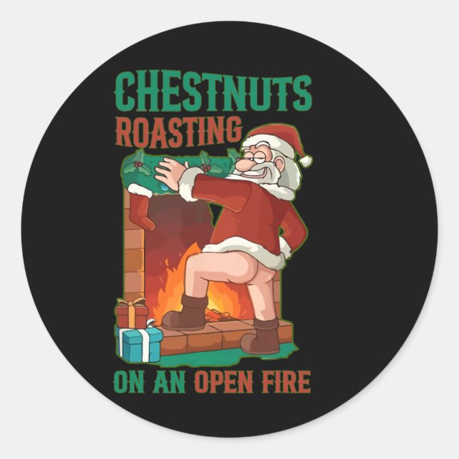 Sticker Rond Dégustation De Châtaignes Au Feu Ouvert Drôle Rude (Devant)