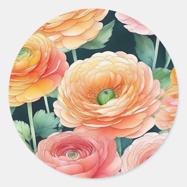 Sticker Rond Délicat Ranunculus Fleurs Aquarelle (Devant)