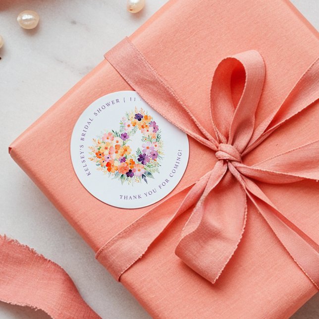 Sticker Rond Delicate Colorful Wildflowers Heart Bridal Shower (Delicate Colorful Wildflowers Heart Bridal Shower Classic Round Sticker Design. )