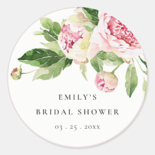 Sticker Rond Délicate Fleur de Pivoine Rose Verte Mariage