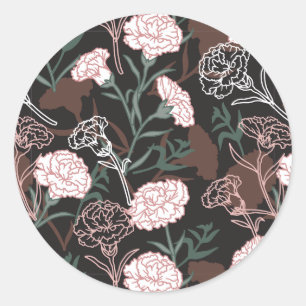 Sticker Rond Délicates oeillets roses avec fleurs Feuilles vert