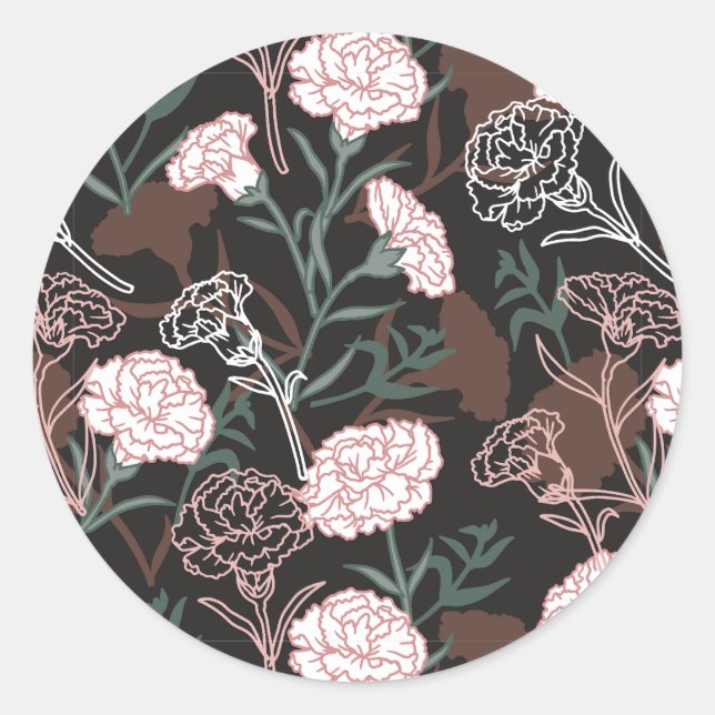 Sticker Rond Délicates oeillets roses avec fleurs Feuilles vert (Devant)