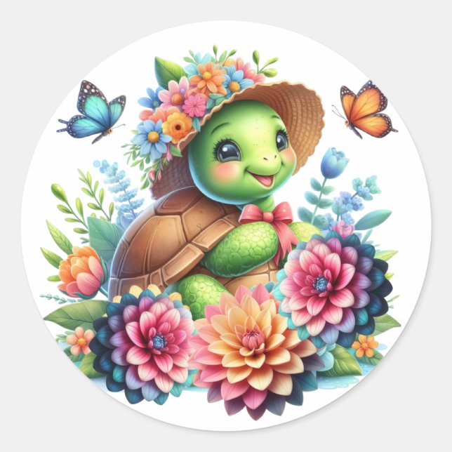 Sticker Rond Délicieuse tortue de mer florale (Devant)