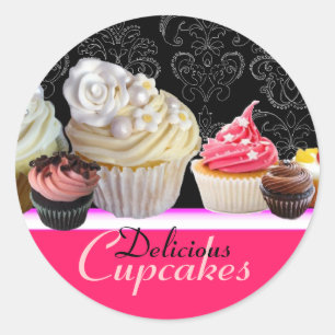 Sticker Rond DÉLICIEUX CUPCAKES ANNIVERSAIRE FÊTE, rouge rose n