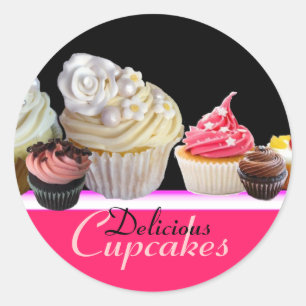 Sticker Rond DÉLICIEUX CUPCAKES ANNIVERSAIRE FÊTE, rouge rose n