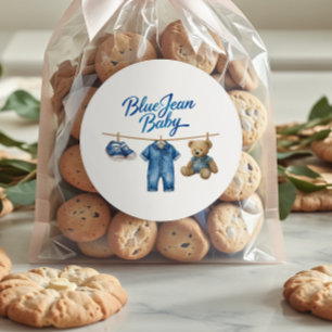 Sticker Rond Denim Bear Clothesline Boy Blue Jean Baby shower