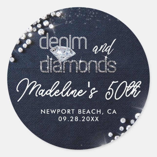 Sticker Rond Denim Diamonds Bling Classy Elegant Party Custom (Devant)